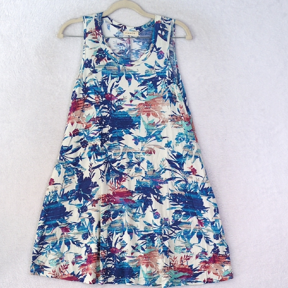 Viamor Women's Blue Tropical Beach‎ Vacation Sleeveless Dress Size S